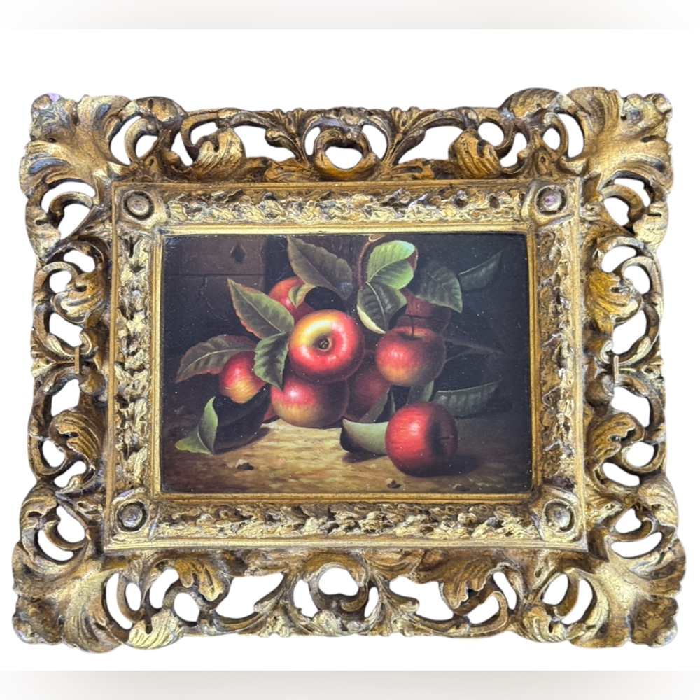 Vintage Ornate Gold gilt heavy ornate solid wood  Textured Framed Apple Picture